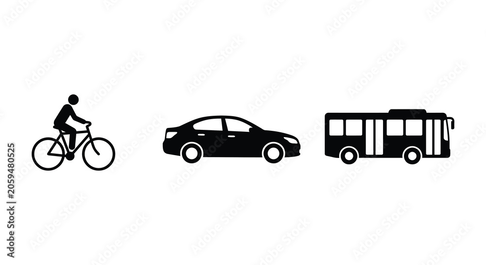 Fototapeta premium Bicycle Car And Bus Silhouettes On A White Background Silhouette bike cycling pedal automobile sedan