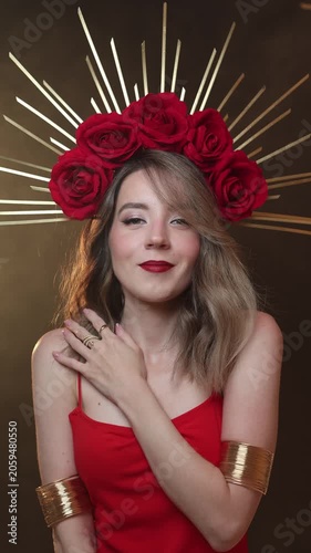 Vertical 4K video. 60 fps. Mature white woman with DIY golden halo crown, rose on head, red dress, make up, gold bracer, bare shoulder looks at camera. Smoke, fog. Concept of Middle Ages, pray, beauty