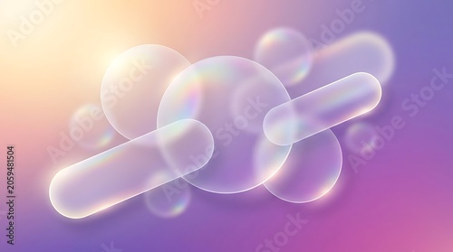 Abstract background with glowing transparent 3D liquid bubbles and capsules abstract transparent gradient geometric