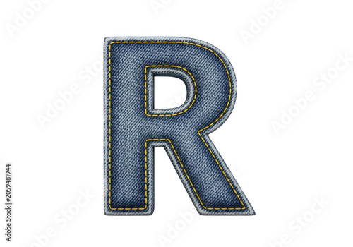 Denim fabric letter R with yellow stitching isolated on transparent background for creative typography