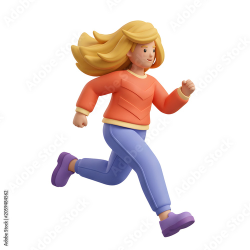 3D cartoon woman running with blonde hair