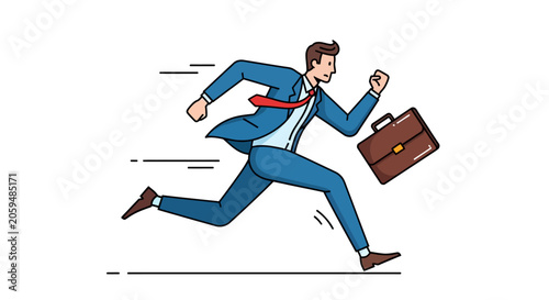 Tableau sur toile Businessman in blue suit running fast with briefcase on white background