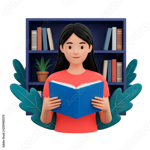 3D flat design woman holding books and plant