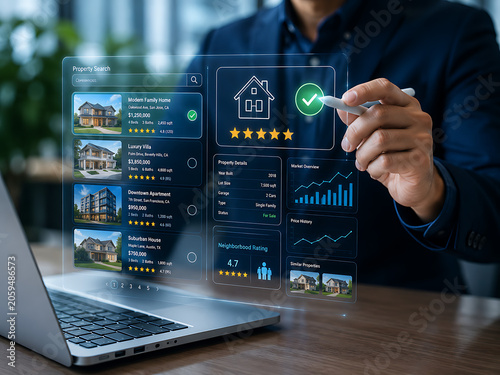 Man interacting with holographic property search interface displaying listings and data during digital real estate investment analysis