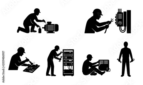 Photography Electrical Technician Icons Set, Electrician Work Silhouettes, Industrial Mainte