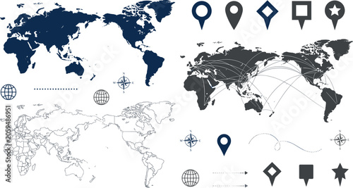 Tablou pe pânză Asia centered global world map vector illustration set featuring international shipping trade routes, outline regional borders, compass roses, and location pins