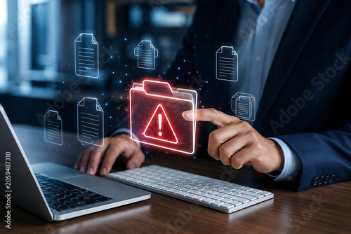 Man's finger touching glowing folder icon with alert symbol during digital data management on desk