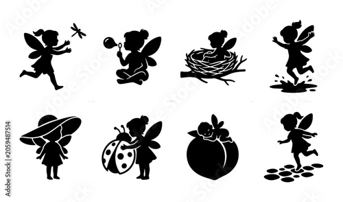 Εκτύπωση καμβά Whimsical Fairy Silhouettes Vector Set, Enchanting Fantasy Creatures, Magical Ga
