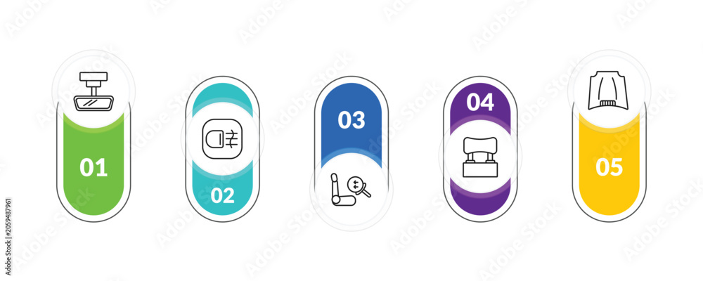 Obraz premium outline car parts icons set - car rear-view mirror, car fog lamp, headrest, hood. editable vector for web and mobile ui