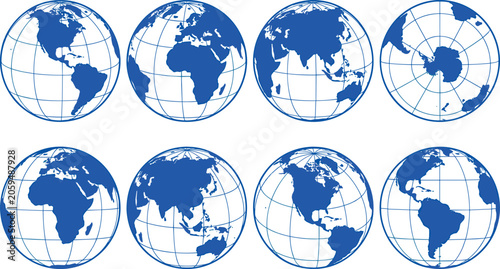 Cuadro en lienzo Planet earth world map globe sphere vector illustration set featuring blue geographic continents, latitude longitude grid lines, and global navigation perspective views
