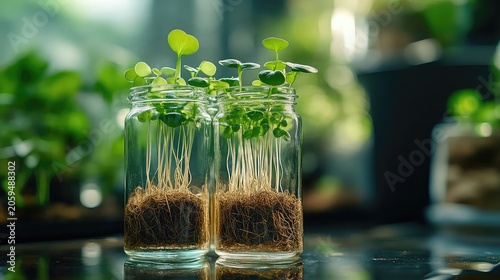 Plant roots in glass jar with water clarity sprout form and fresh tones ideal for indoor gardening or DIY visuals
