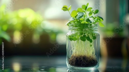 Plant roots in glass jar with water clarity sprout form and fresh tones ideal for indoor gardening or DIY visuals