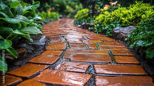Pressurized Water Stream Cleans Aged Brick Pathway Representing Home Maintenance Outdoor Cleaning and Pressure Washing Services for Property Upkeep and Garden Landscaping Solutions