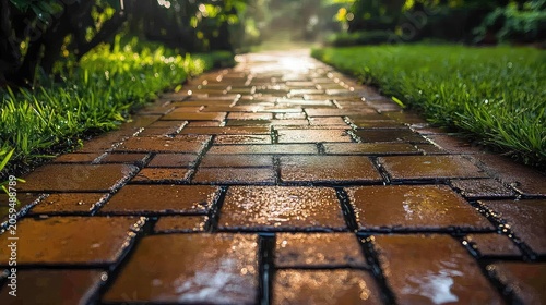 Pressurized Water Stream Cleans Aged Brick Pathway Representing Home Maintenance Outdoor Cleaning and Pressure Washing Services for Property Upkeep and Garden Landscaping Solutions