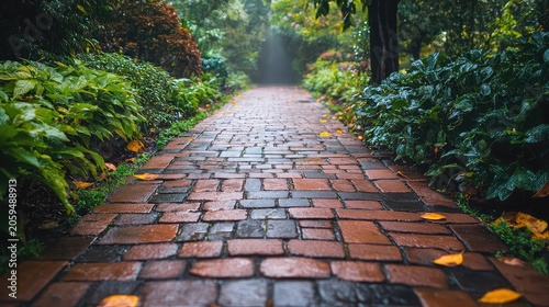 Pressurized Water Stream Cleans Aged Brick Pathway Representing Home Maintenance Outdoor Cleaning and Pressure Washing Services for Property Upkeep and Garden Landscaping Solutions