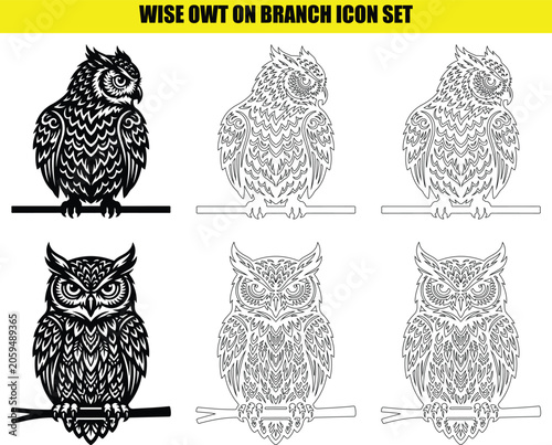 Bild auf Leinwand Wise owl on branch icon set with intricate feather detail designs