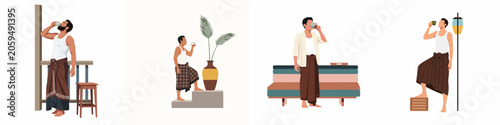Bild auf Leinwand Set of flat illustrations of Southeast Asian men in traditional longyi sarongs drinking tea and relaxing in various minimalist settings