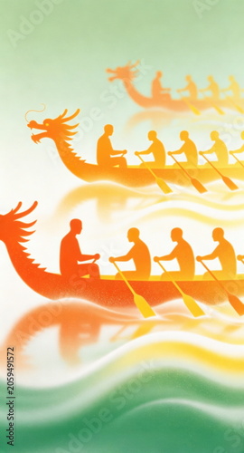 Gradient Orange Silhouette Dragon Boat Race Vertical Illustration, Rowing Crews on Dragon Boats, Rippling Water Dragon Boat Festival Art