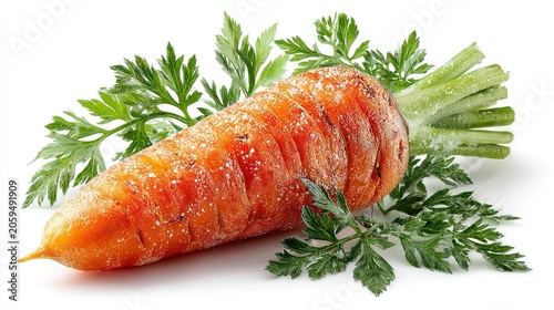 A whole carrot with its green leafy top, isolated on a white background 