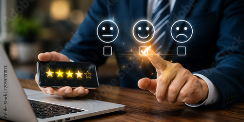 Person selecting a positive customer feedback option on a smartphone with glowing stars during a digital survey