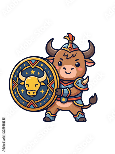 Cartoon bull character in armor with shield.