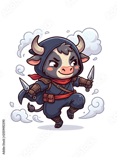 Cartoon cow in ninja costume running with knives.