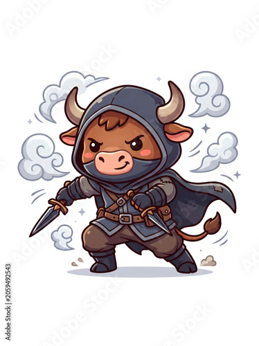 Cartoon bull in a hooded cloak with a dagger.