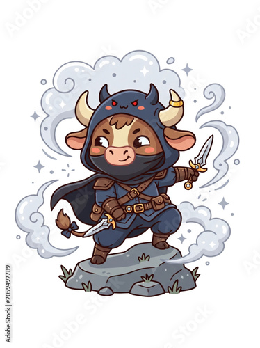 Cartoon bull character in fantasy costume.