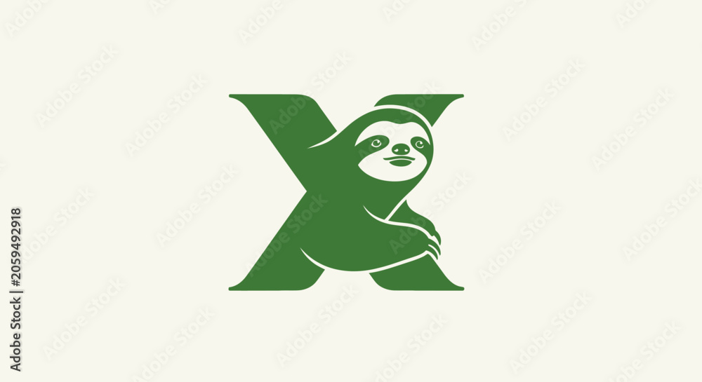 Fototapeta premium Sloth integrated into green letter X design.