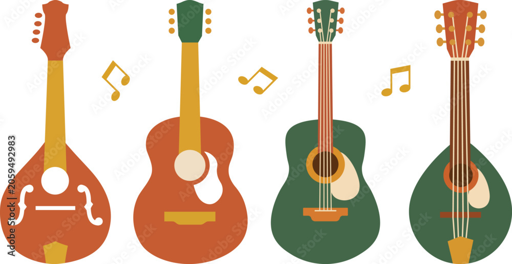 Fototapeta premium Acoustic String Instruments Vector Set. Folk Music with Guitar, Mandolin and Ukulele.