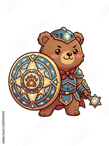 Cartoon bear in fantasy armor with shield.