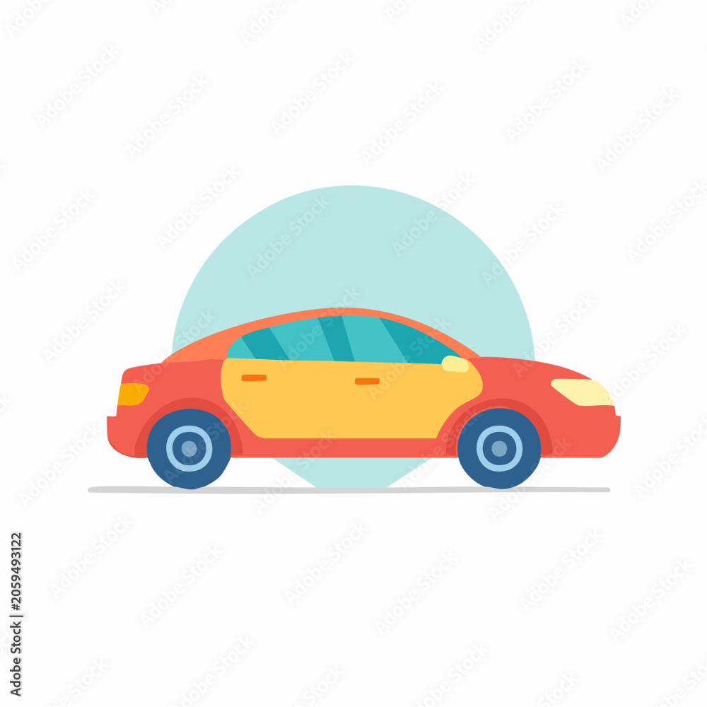 Obraz premium Flat design illustration of a red and yellow sedan car