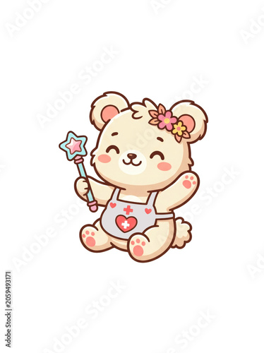 Cute cartoon bear with magic wand.