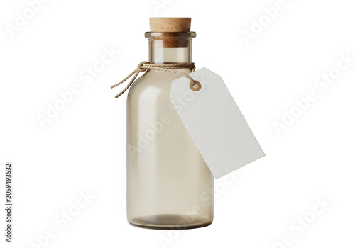 Glass bottle with cork stopper and blank hanging tag isolated on transparent background for branding