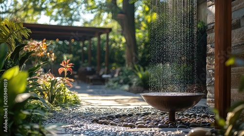 Rain chain in use with cascading drops metal shine and garden mood ideal for function or design visuals