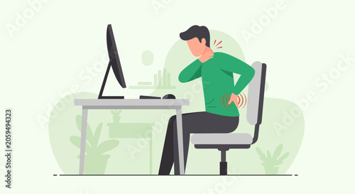 Office Worker Suffering From Back and Neck Pain Due to Poor Posture at Desk