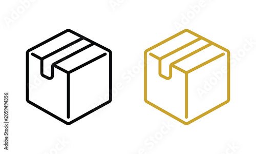 Parcel box icons illustrated in black and gold minimalist style for shipping logistics and delivery.