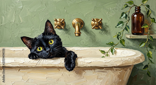 Textured impasto oil painting of a curious black cat peeking over the edge of a vintage bathtub