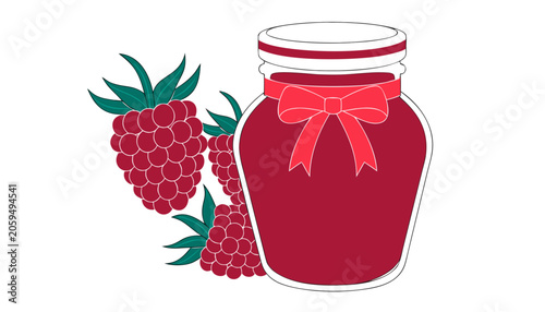 Raspberry jam in glass jar with red ribbon