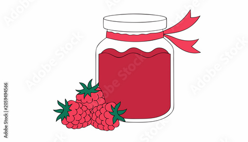Raspberry jam in glass jar with red ribbon