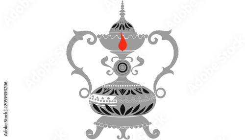 Ornate silver oil lamp with flame isolated on white background