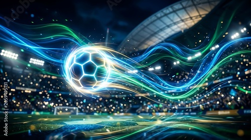A glowing soccer ball with blue and green light trails on a stadium field at night