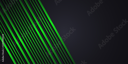 Dark wide abstract banner. Abstract dark grey background with green light line on blank space. Dark futuristic luxury modern technology background.
