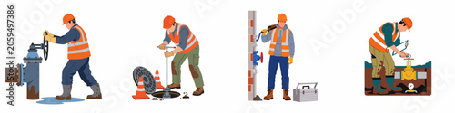 Collection of industrial utility workers performing maintenance, repair, and inspection tasks on pipelines, valves, and underground infrastructure in flat vector style.