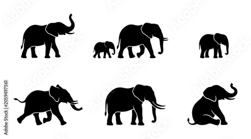 Foto Silhouette Elephant Collection, Diverse Poses and Sizes, Vector Graphics for Wil