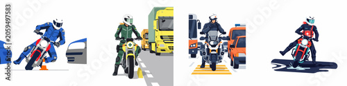Cuadro en lienzo Set of illustrations depicting professional motorcyclists in various scenarios, including emergency response, traffic navigation, skill training, and adverse road conditions