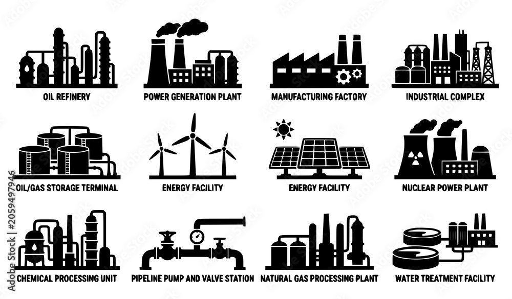 Fototapeta premium Oil Refinery and Power Station Silhouette Icons Collection for Industrial Manufacturing Vector Design