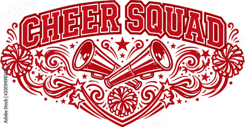 Bold Red Cheer Squad Varsity Typography Logo with Crossed Megaphones, Pom Poms, Stars and Swirl Ornaments – Cheerleading Team Spirit Vector Design