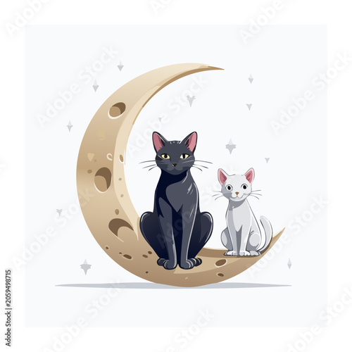 Black and white cats sitting on a crescent moon illustration