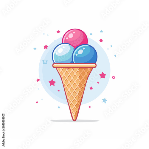 Flat design ice cream cone with pink and blue scoops